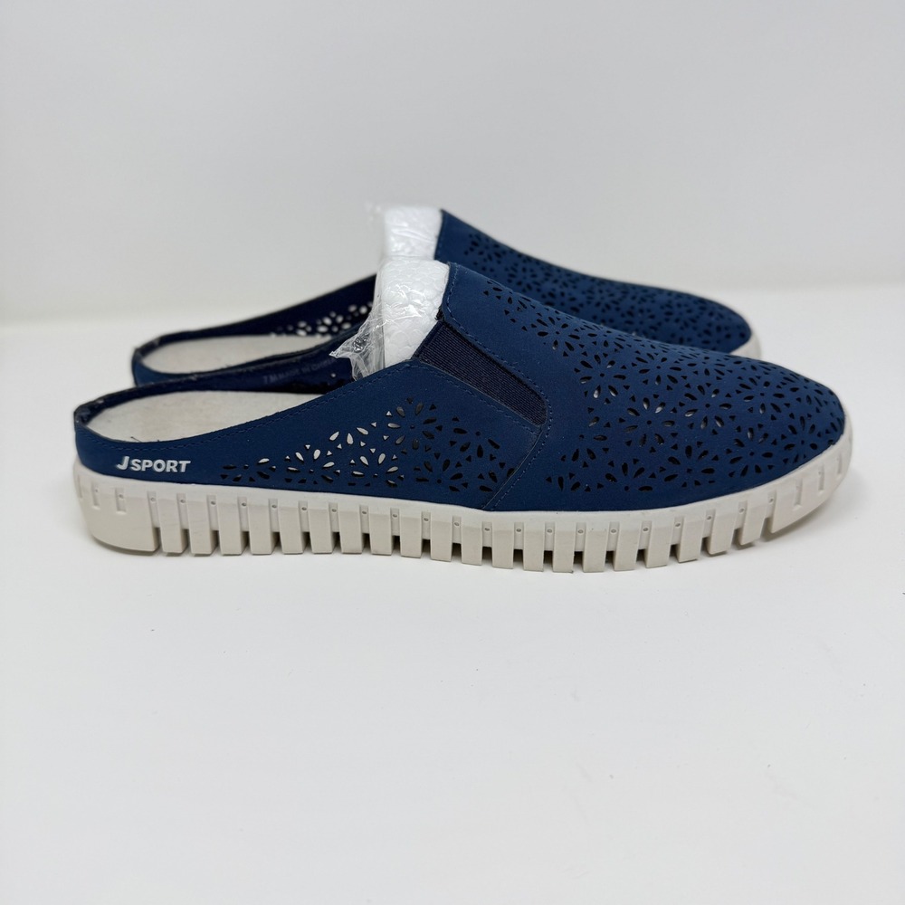 J Sport Women's 7 Blue Floral Mule S2FLM73 Laser Cut Slip On Comfort Clog